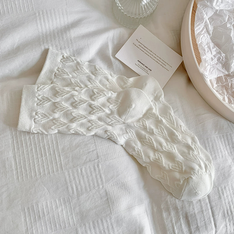 [5 Pairs] Spring and Summer Embossed Plain Thin College Style Love Little Bit More Wear