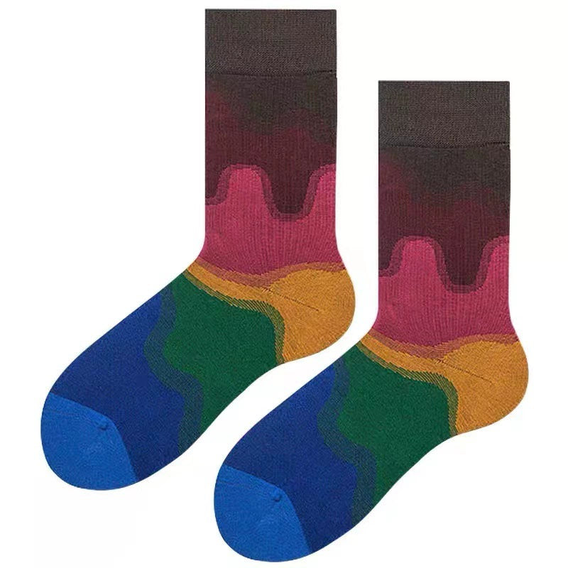 [3 Pairs] Spring and Summer Gradient Starry Sky Striped Block Fashion Trendy Mid-Calf Length Socks