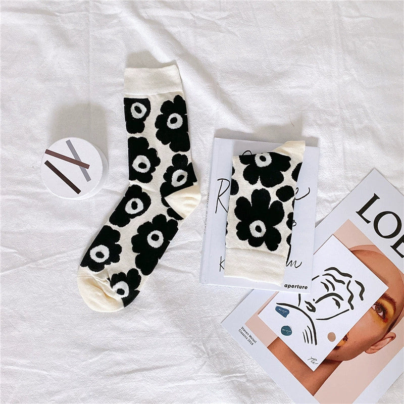 [2 Pairs] Long Tube Ins Style Small Flower Xuan Ya Mid-Calf Women's Cotton Little Red Book Recommendation Tide