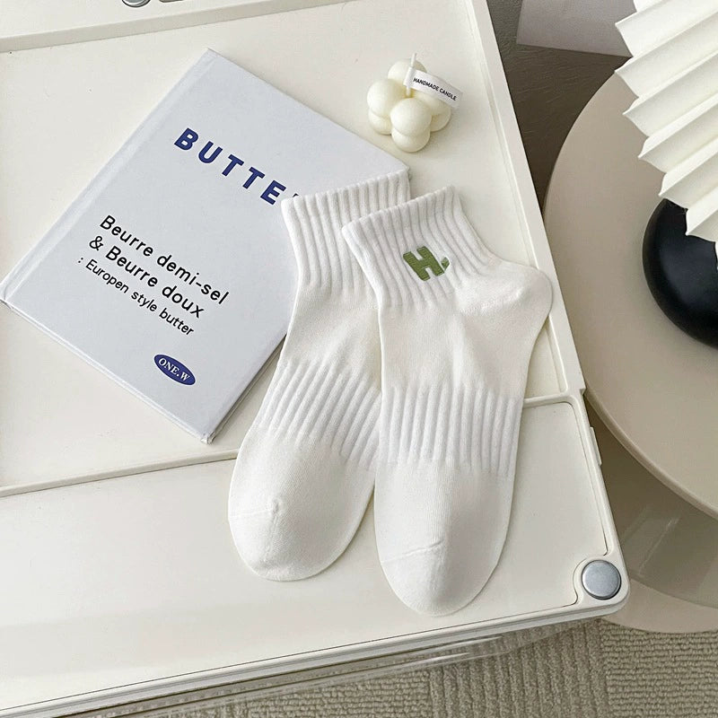 [2 Pairs] Embroidery H. Sports Shallow Mouth Short and Mid-Calf Length Women's Socks All-Match Beautiful Candy Color