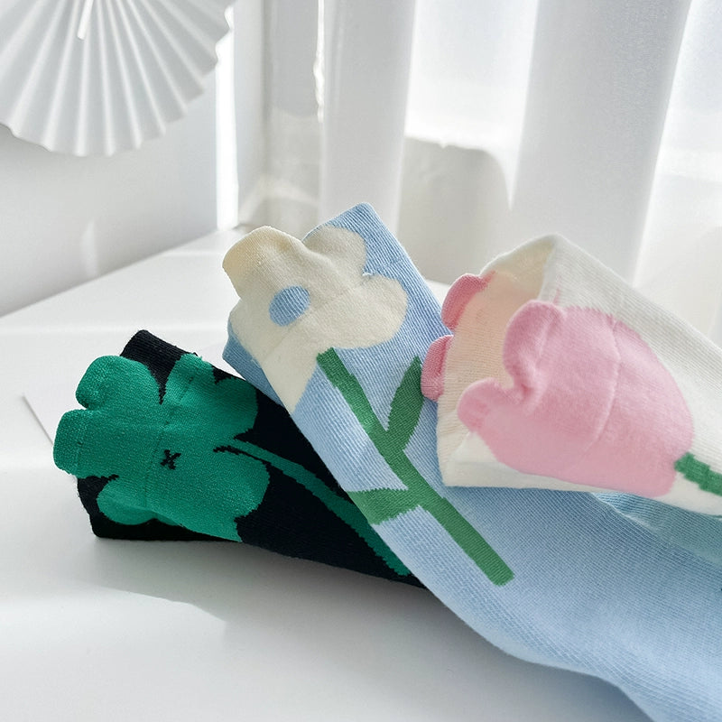 [3 Pairs] Three Flowers in Spring and Summer Look Good in Any Way. Pure Cotton Sweat-Absorbent