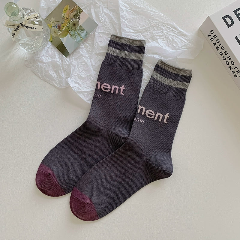 [6 Pairs] Spring and Summer Fashion Letters College Style Simple Pure Cotton Mid-Calf
