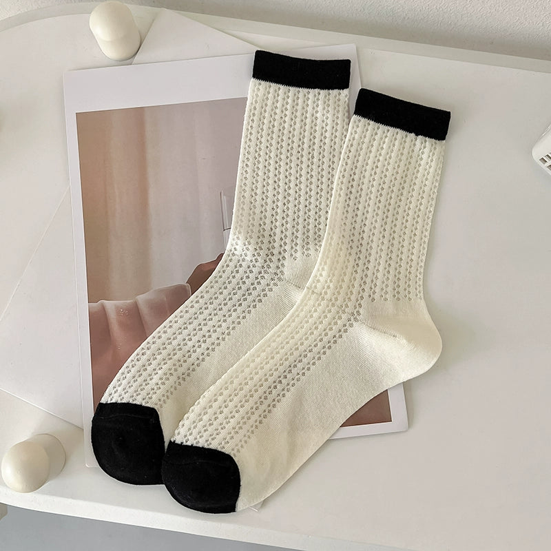 [7 Pairs] Spring and Summer Thin Breathable Hollow Decorative Pure Cotton Mid-Calf with Small White Shoelaces