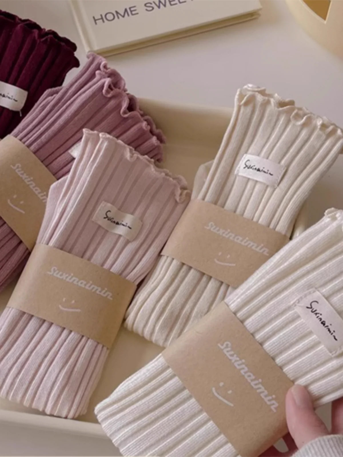 [2 Pairs] Spring and Summer Thin Wooden Ear Double Needle Pile Style Wear Cotton Trendy Mid-Calf