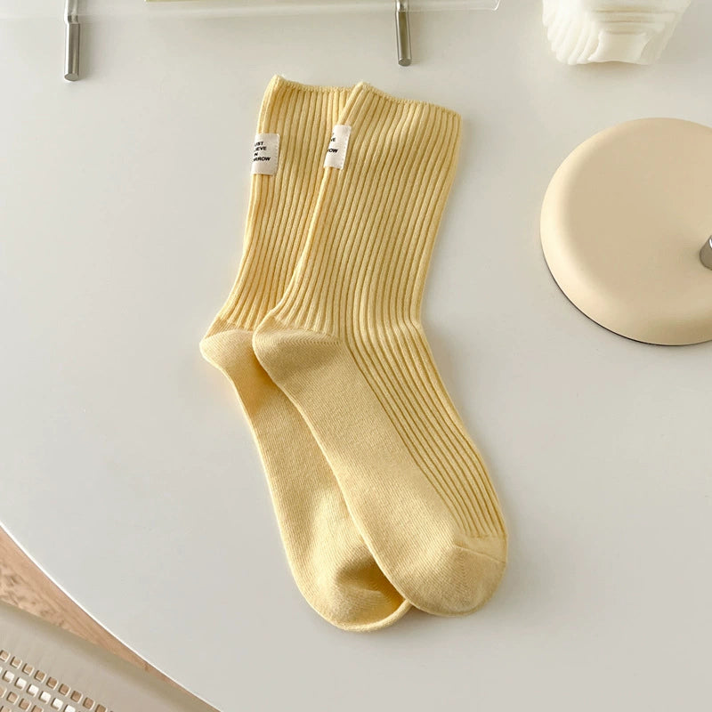 [3 Pairs] Socks Women's Spring and Summer Cotton Double Needle Bunching Socks Japanese Heel Cloth Label Macaron Tube Socks