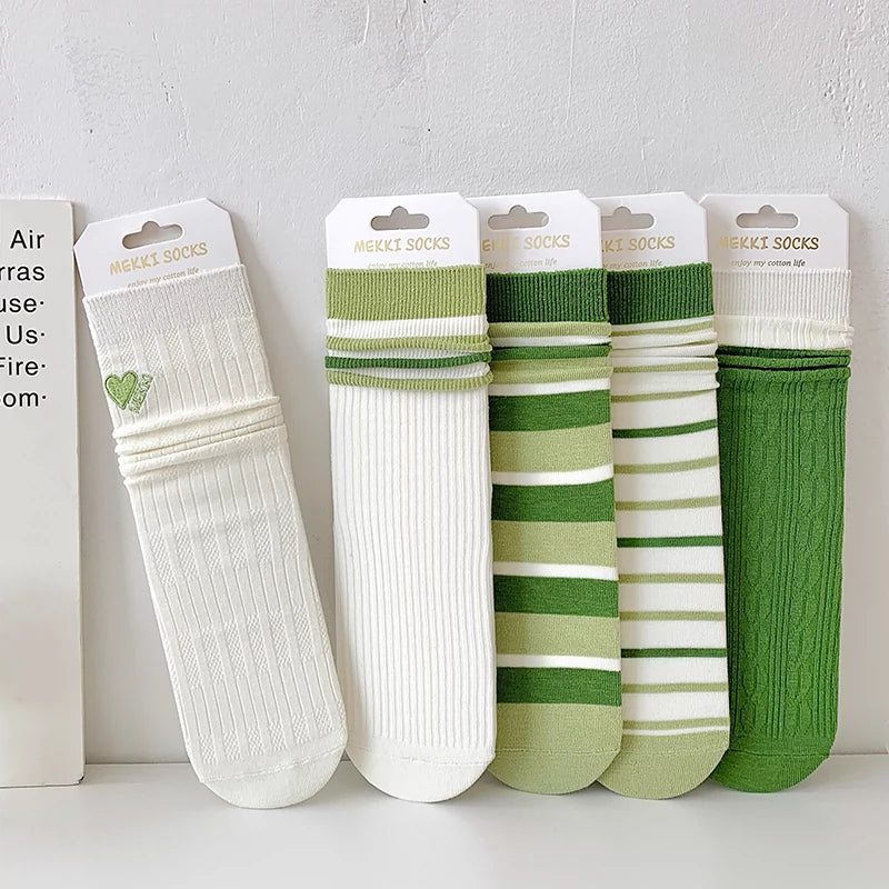 [5 Pairs] Thin Grass Green Series Stripe College Style Flat Sock