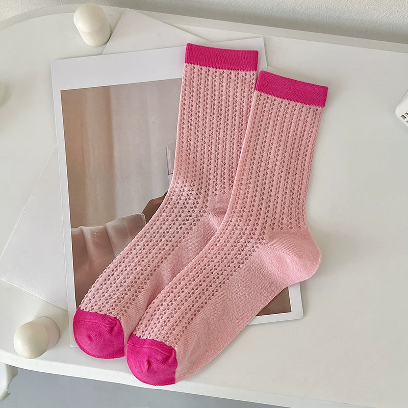 [7 Pairs] Spring and Summer Thin Breathable Hollow Decorative Pure Cotton Mid-Calf with Small White Shoelaces