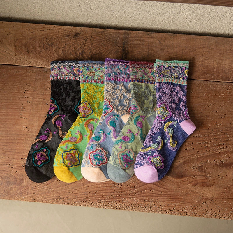 [2 Pairs] Vintage Court Style Blossoming Flowers Spring and Summer Pure Cotton Socks