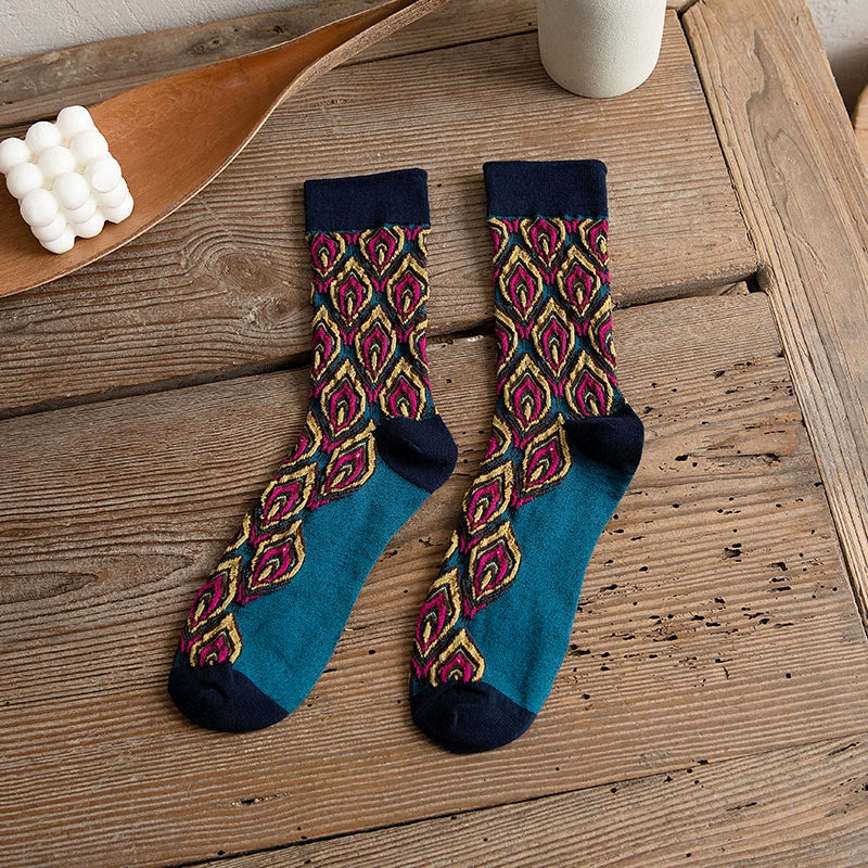 [2 Pairs] Spring and Summer Retro Peacock Feather Is Very Nice Tube Socks
