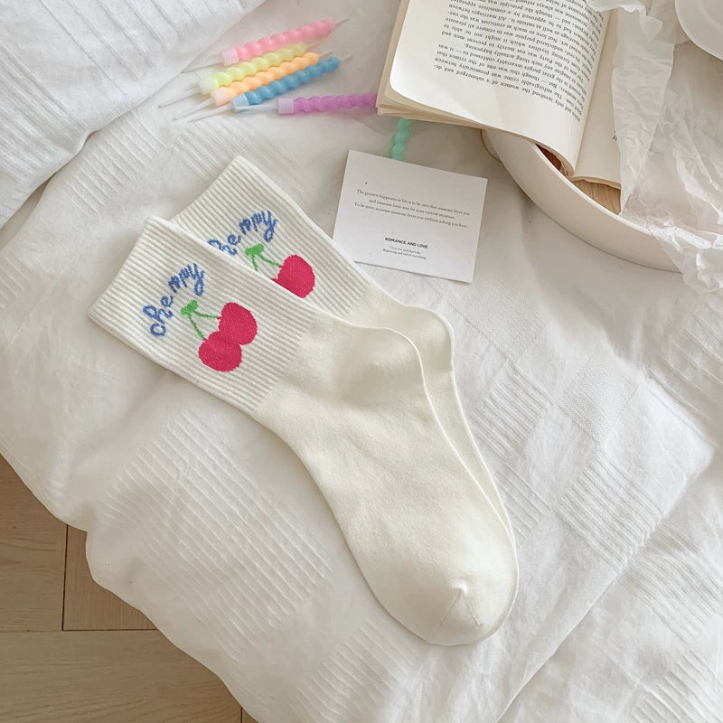 [4 Pairs] Spring and Summer Cute Cartoon White Preppy Style Rabbit Cherry Solid Color Wear