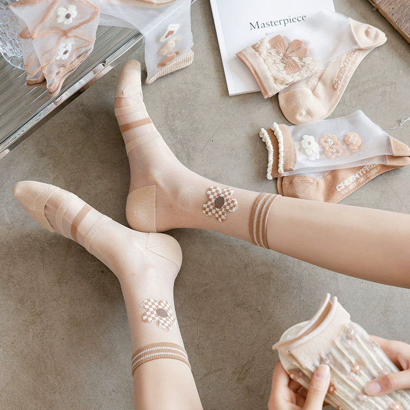 [5 Pairs] Spring and Summer Thin Kanekalon Transparent Honey Plaid Flower Breathable