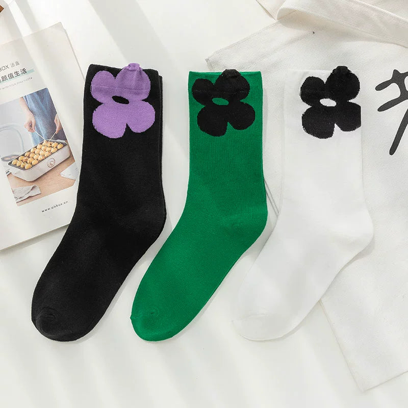 [2 Pairs] Flower Socks for Women Spring Summer Pure Cotton Trendy Flowers Blossoming
