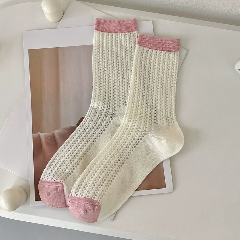 [7 Pairs] Spring and Summer Thin Breathable Hollow Decorative Pure Cotton Mid-Calf with Small White Shoelaces