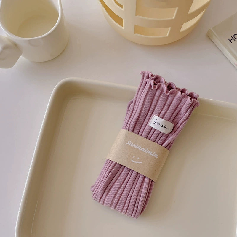 [2 Pairs] Spring and Summer Thin Wooden Ear Double Needle Pile Style Wear Cotton Trendy Mid-Calf