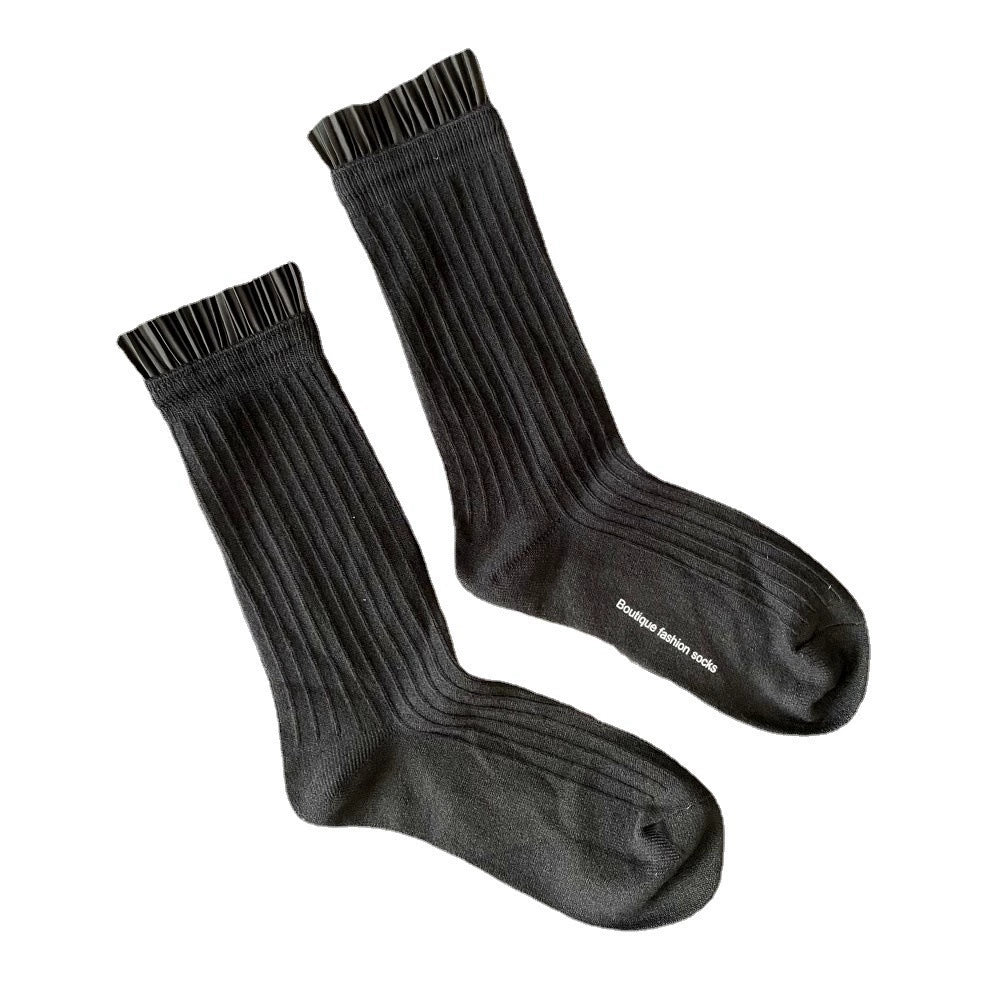 [2 Pairs] Women's Socks Three-Dimensional Pleated Lace Socks Combed Cotton Double Needle Blype Tube Socks