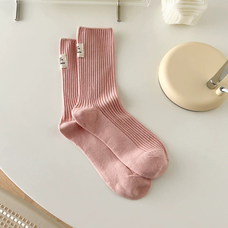 [3 Pairs] Socks Women's Spring and Summer Cotton Double Needle Bunching Socks Japanese Heel Cloth Label Macaron Tube Socks