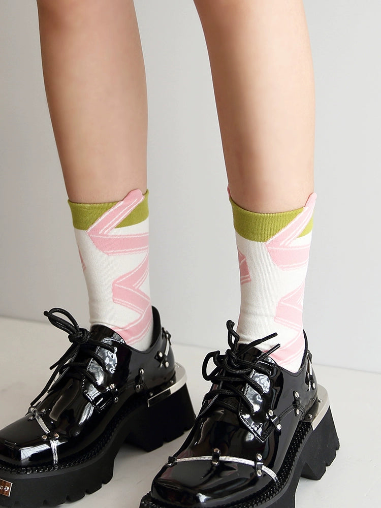 [2 Pairs] Spring Summer Pure Cotton Colorful Ribbon College Style Socks It Looks Good to Wear