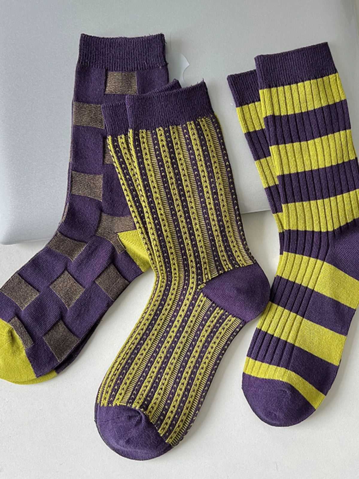 [3 Pairs] Purple Striped Personality Youth Double Needle Retro Mid-Calf Length Pure Cotton All-Match
