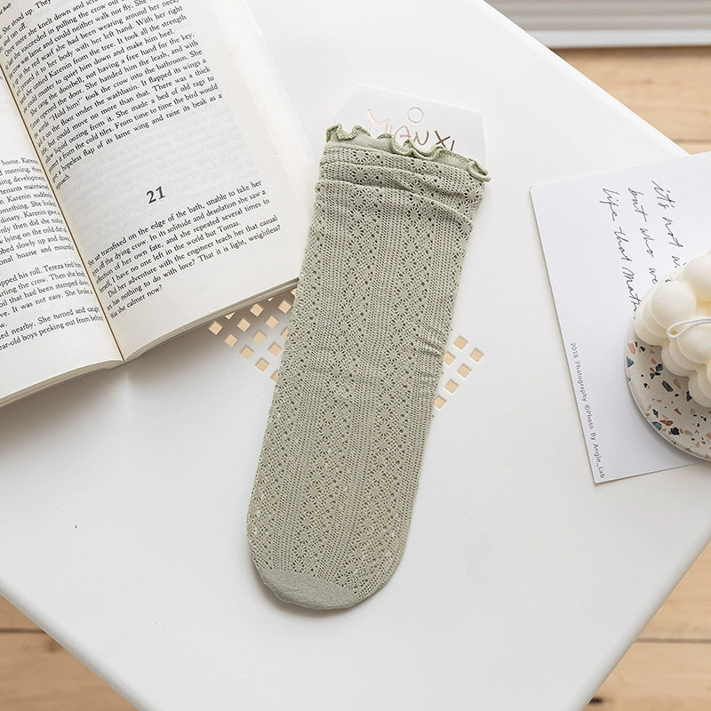 [5 Pairs] Summer Mesh Breathable Ruffled Pure Straight Socks Match Well