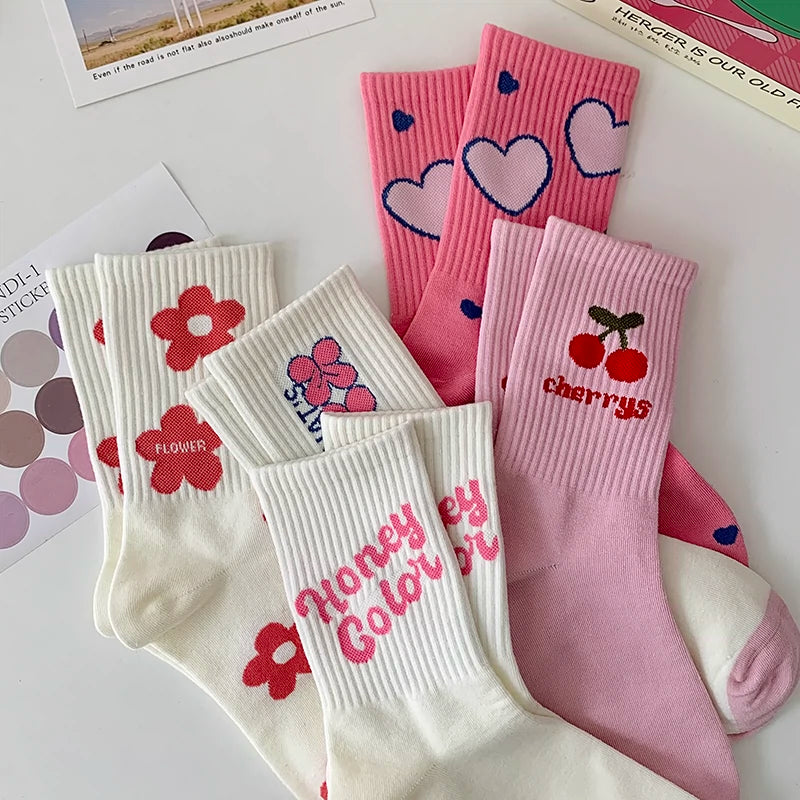 [5 Pairs] Fashion Sports Style Cherry Flower Spring Summer Mid-Calf Length Socks