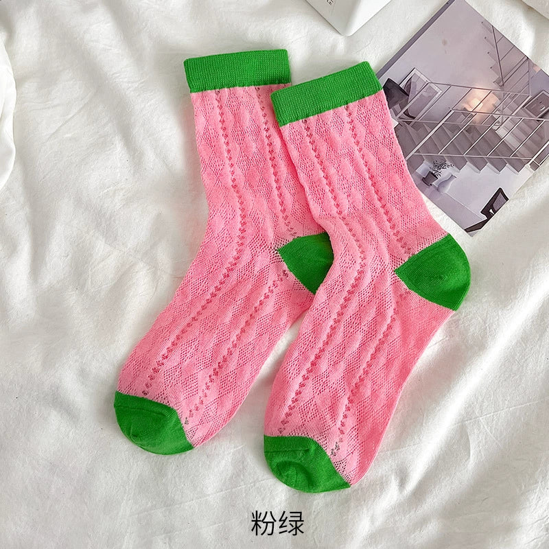 [3 Pairs] Dopamine Summer Thin Hollow Diamond Contrast Color Female Mid-Calf Length and Breathable Mesh Comfortable Pure Cotton