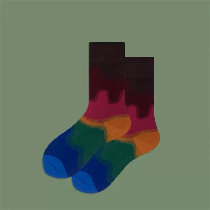 [3 Pairs] Spring and Summer Gradient Starry Sky Striped Block Fashion Trendy Mid-Calf Length Socks