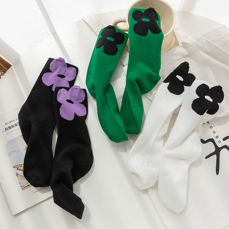[2 Pairs] Flower Socks for Women Spring Summer Pure Cotton Trendy Flowers Blossoming