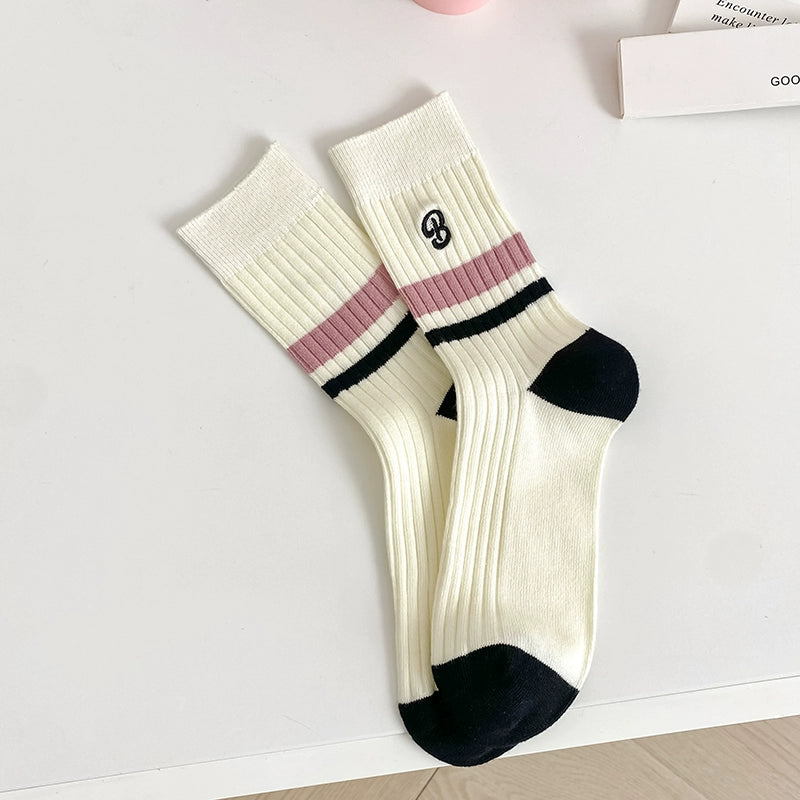 [5 Pairs] Pure Cotton Double Needle Simple All-Match Girl Tube Socks
