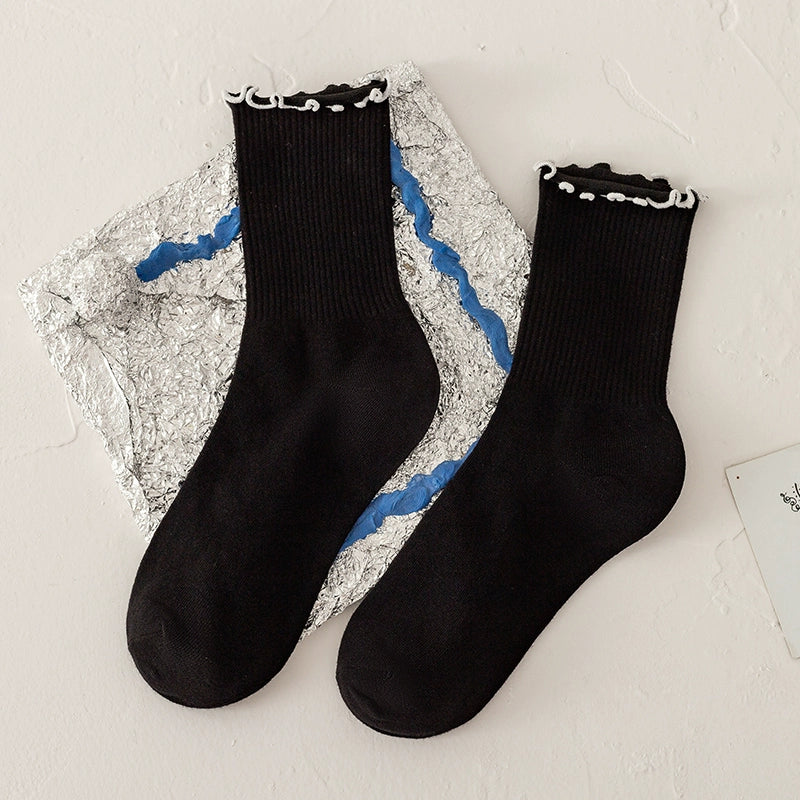 [2 Pairs] JK Black and White Striped Wooden Ear Cotton Spring and Summer Cotton Socks Lace Socks Versatile