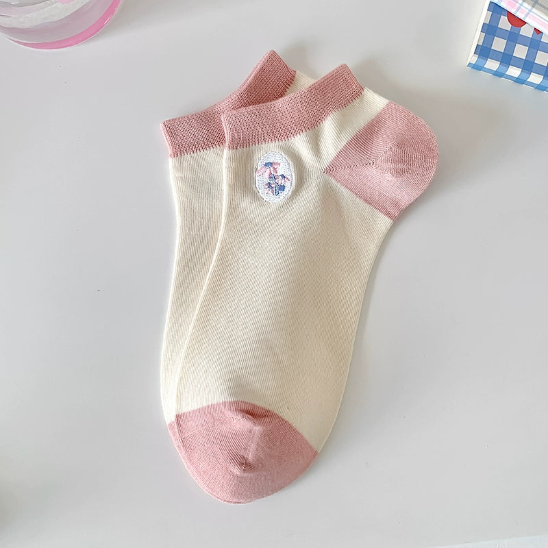 [5 Pairs] Summer Pink Plant Flower Boat Socks with White Shoes Students' Favorite