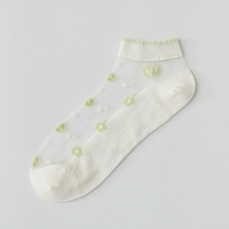 [5 Pairs] Summer Thin Breathable a Little Retro Light Green Simple Lady Wear