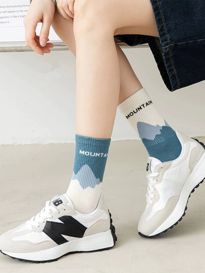 [4 Pairs] Spring Summer Pure Cotton Boneless Sewing Head Men's and Women's Sports Lovers' Socks Snow Mountain Wind Left and Right Feet AB Socks