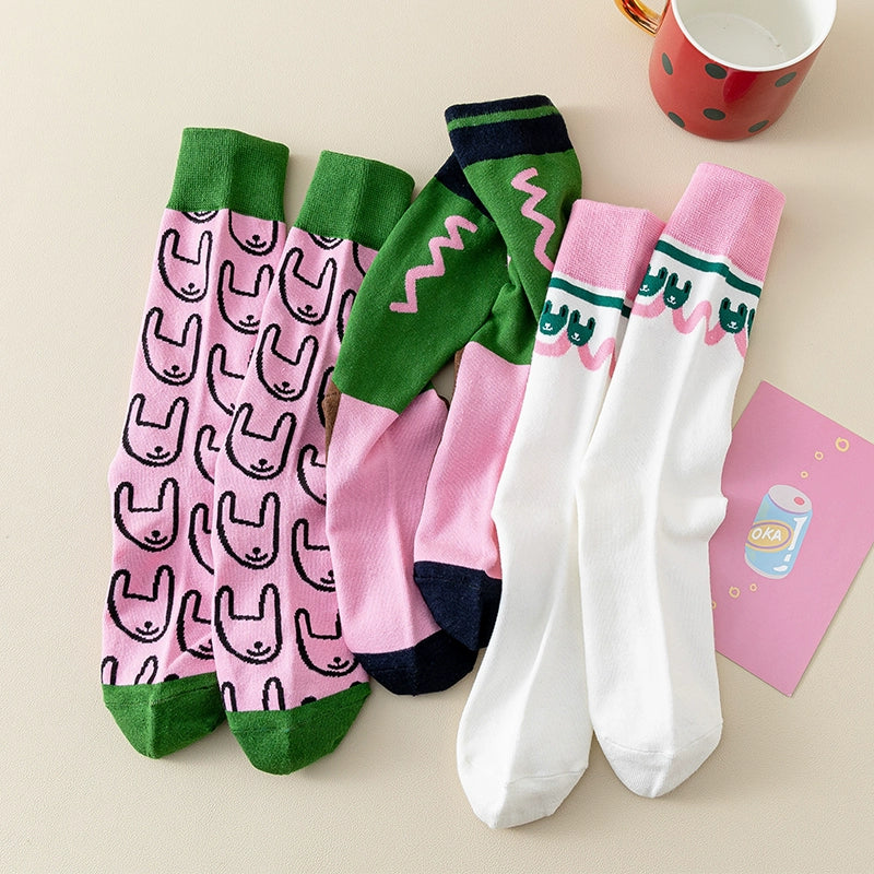 [3 Pairs] Xiaohongshu Personalized Fashion Match High-Profile Figure Rabbit Pink Female Mid-Calf