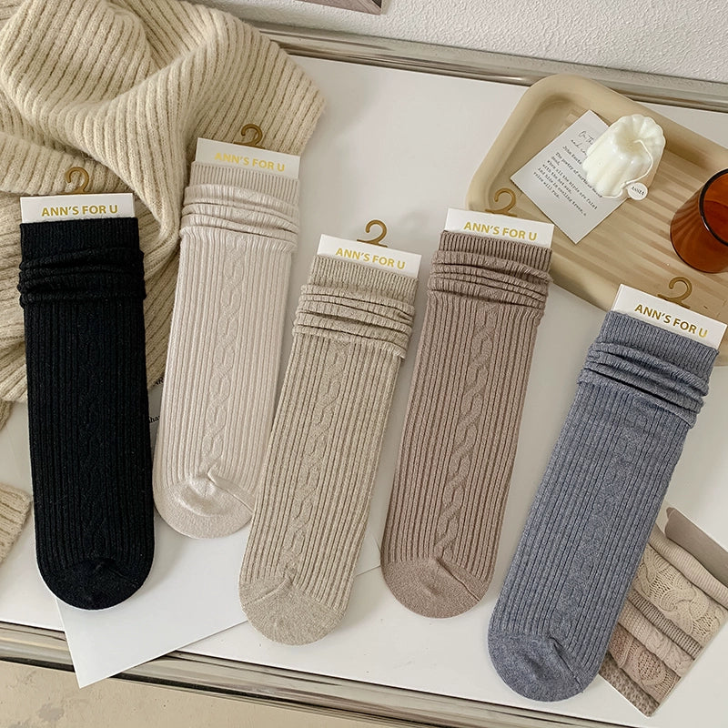[2 Pairs] Spring and Summer Solid Color a Little Retro Bunching Socks Cashmere Material Comfortable and Soft