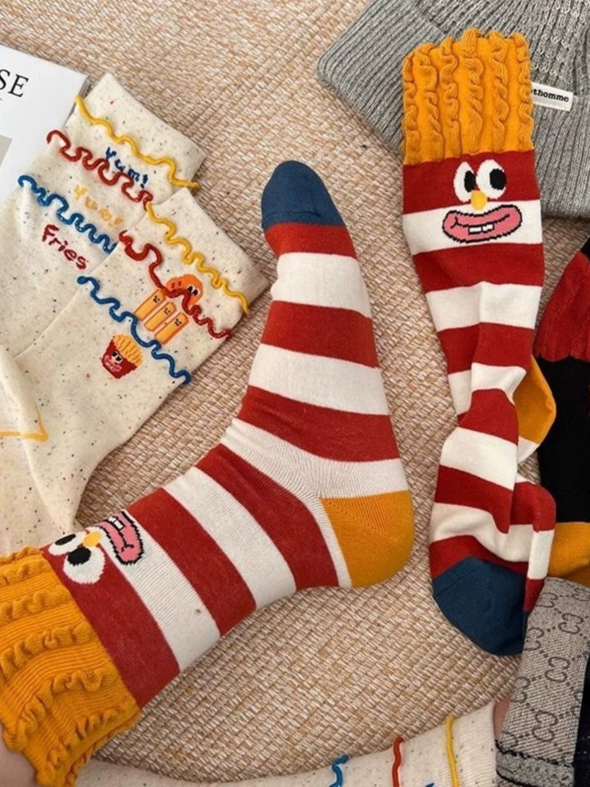 [3 Pairs] Spring Summer Pure Cotton Thin Funny French Fries Street All-Match Cute Fashion