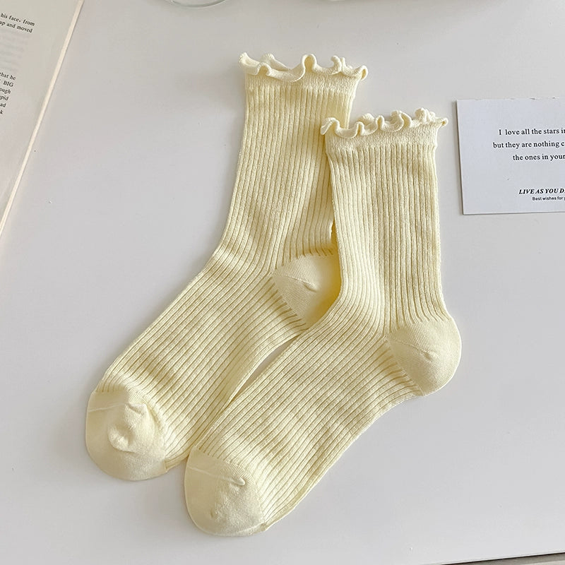 [5 Pairs] Thin Wooden Ear Macaron Color Series Pure Cotton Breathable Thin