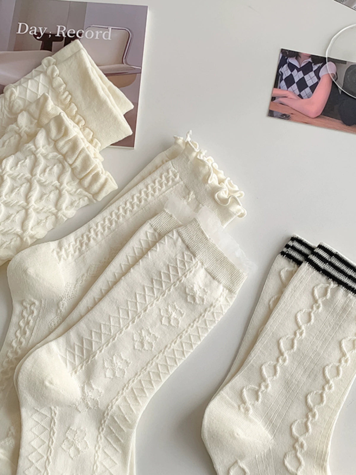 [5 Pairs] Thin Solid Color Japanese Style White Simple to Wear