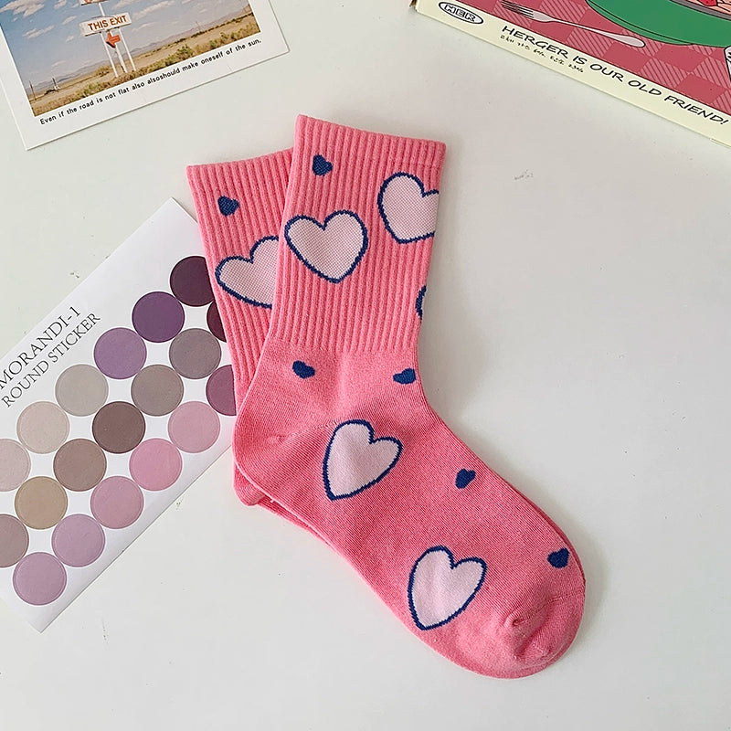 [5 Pairs] Fashion Sports Style Cherry Flower Spring Summer Mid-Calf Length Socks