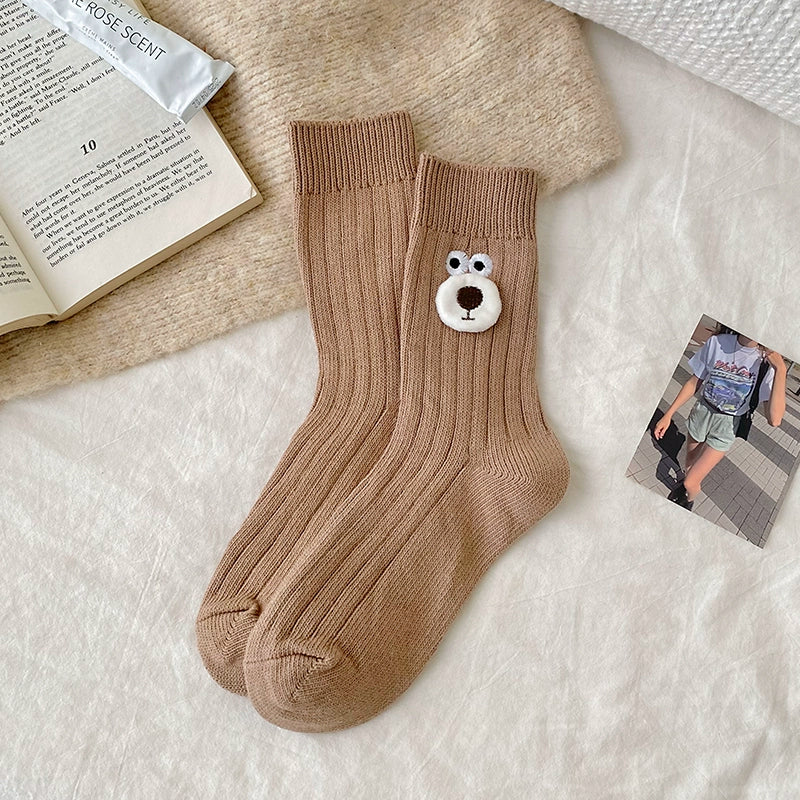 [5 Pairs] 3D Cartoon Bear Head Simple and Easy to Match College Style Kawaii