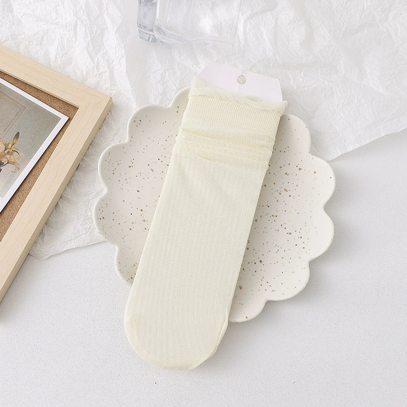 [3 Pairs] Lolita Style Summer Ultra-Thin Silk Fruit Dark Flower White Wear Lace Design