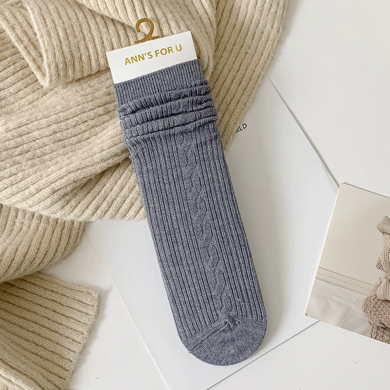 [2 Pairs] Spring and Summer Solid Color a Little Retro Bunching Socks Cashmere Material Comfortable and Soft