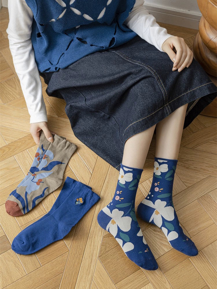 [2 Pairs] Spring and Summer Thin Pure Cotton Embroidery Plant Flowers Klein Blue Wear Match Well