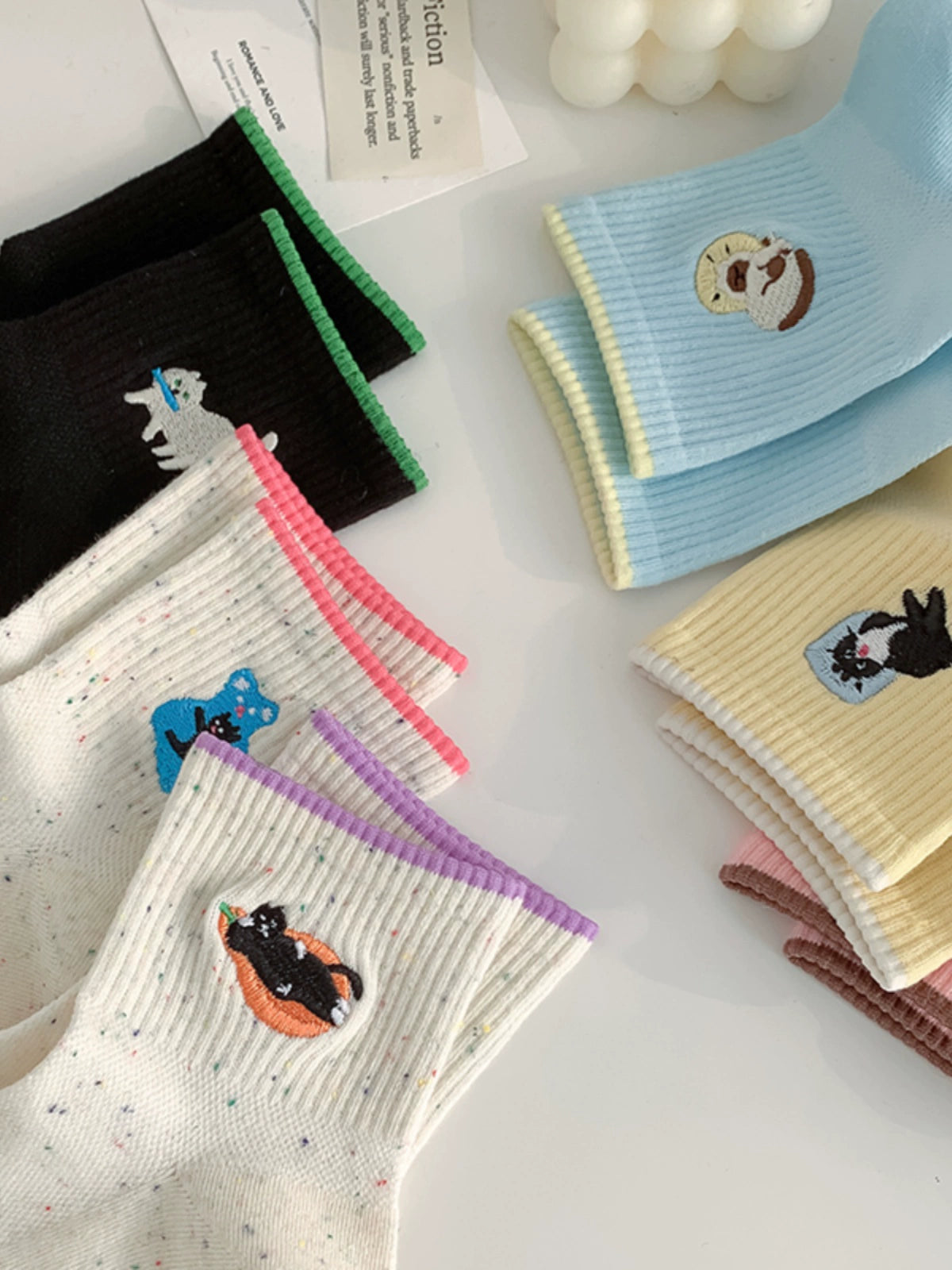 [6 Pairs] Summer Thin Cartoon Embroidery Korean Style Pure Cotton Cute Wear