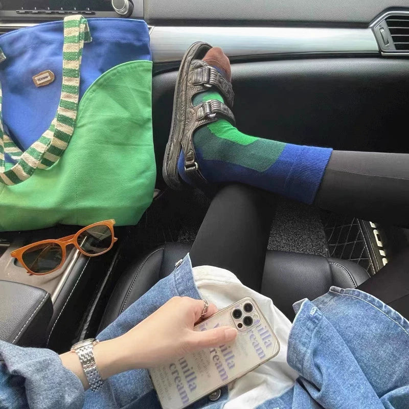 [3 Pairs] Spring and Summer Gradient Starry Sky Striped Block Fashion Trendy Mid-Calf Length Socks