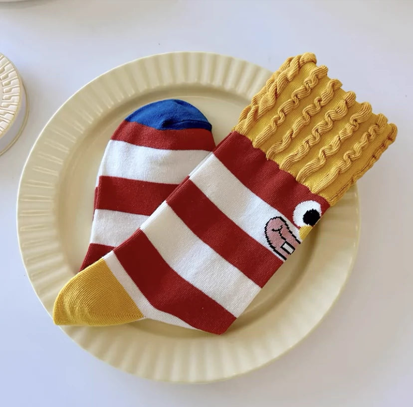 [3 Pairs] Spring Summer Pure Cotton Thin Funny French Fries Street All-Match Cute Fashion