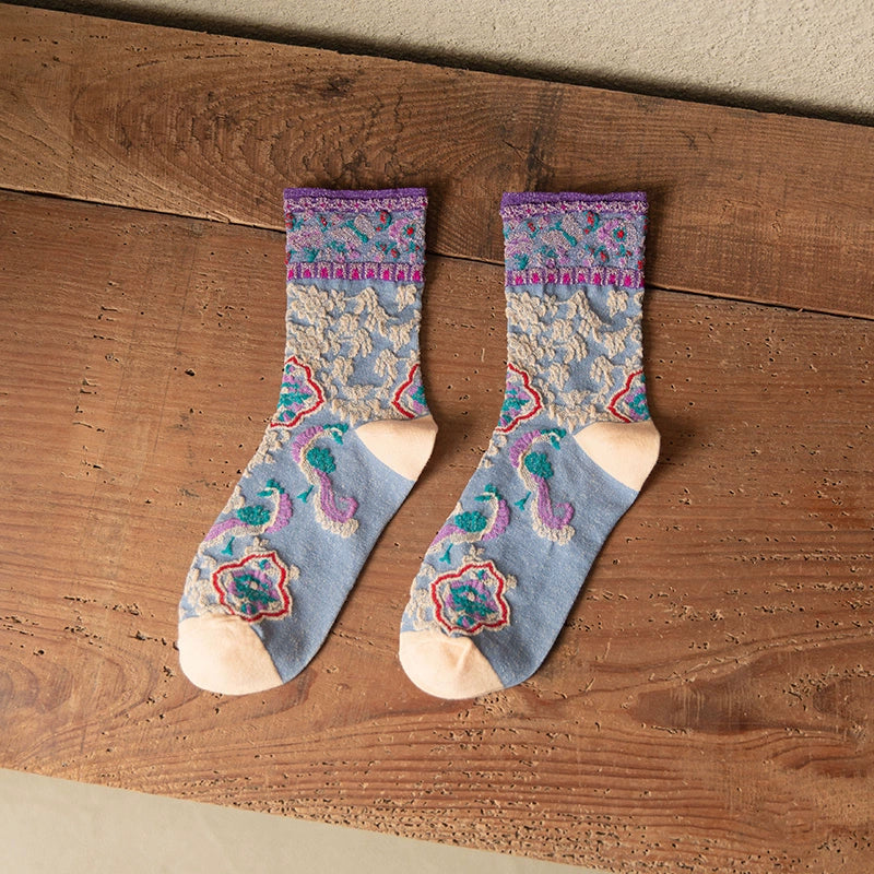[2 Pairs] Vintage Court Style Blossoming Flowers Spring and Summer Pure Cotton Socks