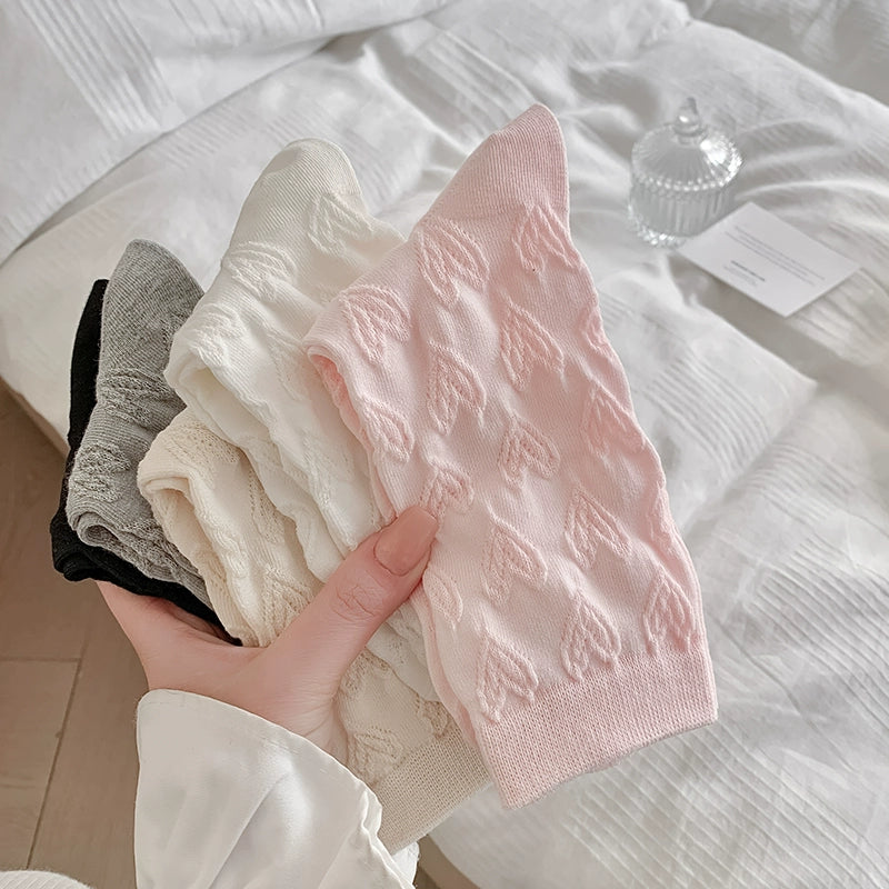 [5 Pairs] Spring and Summer Embossed Plain Thin College Style Love Little Bit More Wear