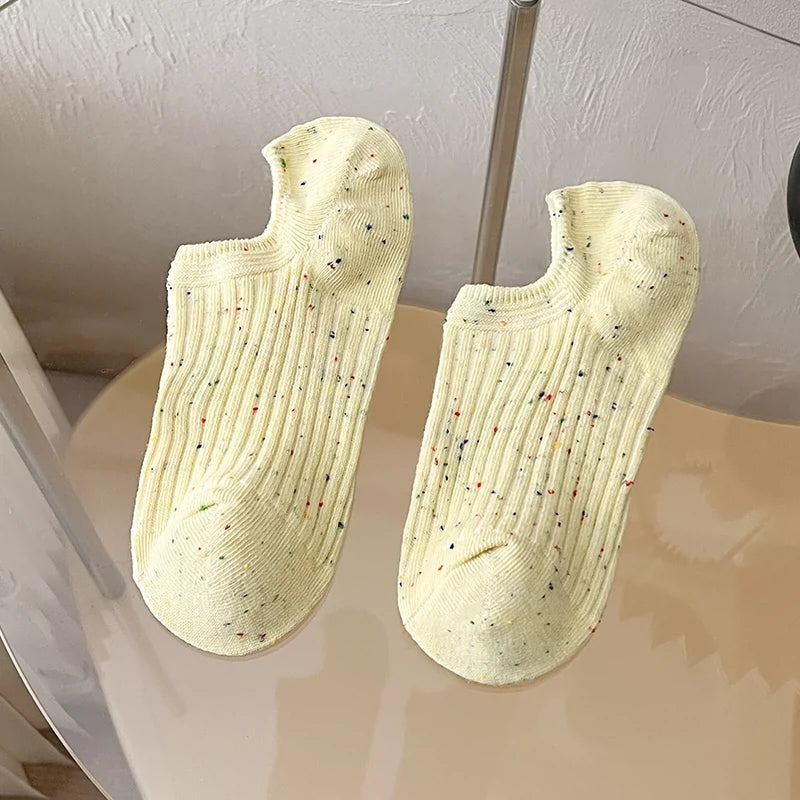 [5 Pairs] Spring and Summer NEPs Yarn Thin Thick Thread Knitted Comfortable Solid Color Boat Socks