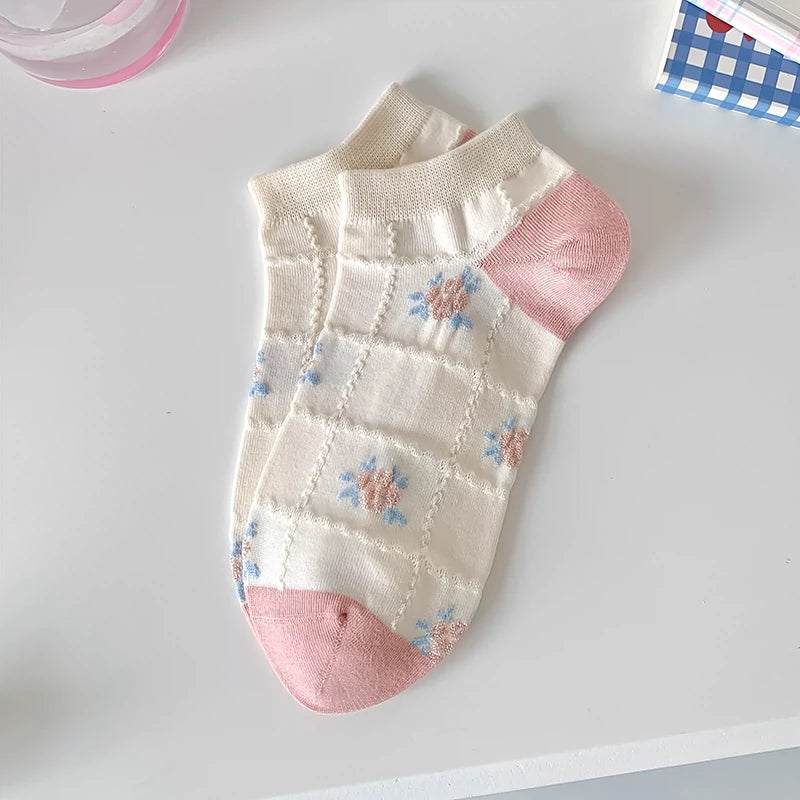 [5 Pairs] Summer Pink Plant Flower Boat Socks with White Shoes Students' Favorite