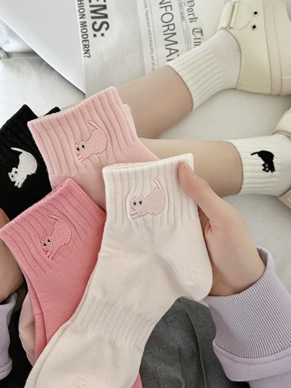 [5 Pairs] Pink Embroidered Cat Purified Cotton Short Tube Spring and Summer New Match Is Very Fresh and Natural